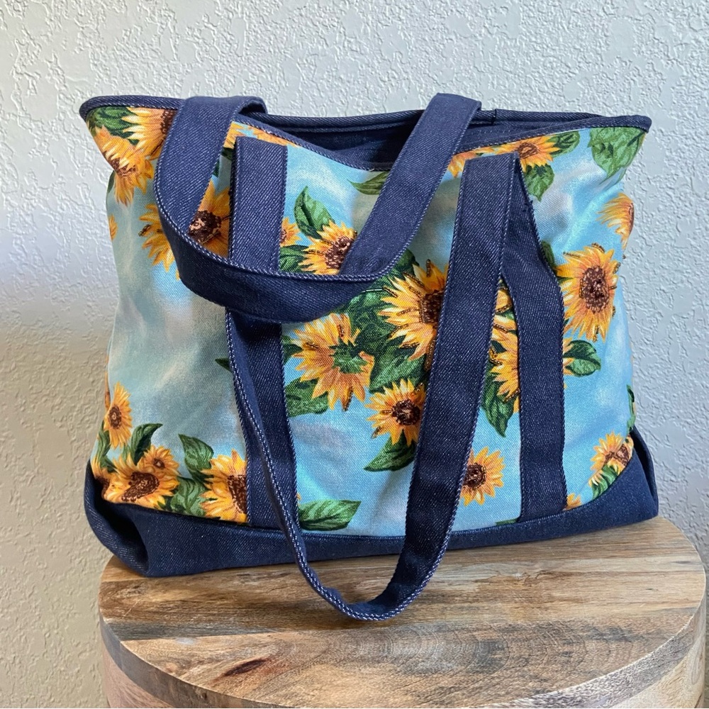 Denim Sunflower Print Beaded Cotton Tote Bag